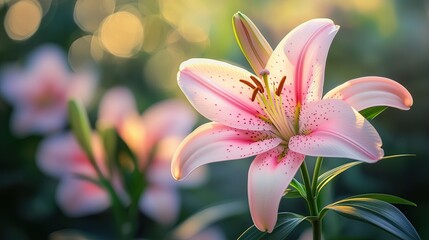 Fototapeta premium Ethereal Pink Lilies Blooming in Soft Golden Morning Light Romantic Floral Photography Botanical Aesthetic Imagery Macro Nature Photography Ethereal Pink Lilies Blooming