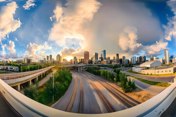 Fototapeta premium Fisheye lens captures a cityscape with train tracks, overpass, buildings, and a sunset beautifully.