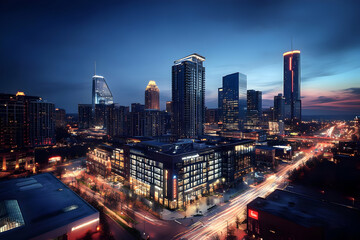 Naklejka premium Illuminated Metropolis Shines with Modern Architecture and Bustling Nightlife at Dusk Vividly.