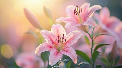 Fototapeta premium Ethereal Pink Lilies Blooming in Soft Golden Morning Light Romantic Floral Photography Botanical Aesthetic Imagery Macro Nature Photography Ethereal Pink Lilies Blooming