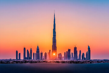 Obraz premium Skyscraper stands tall at sunset in desert city with vibrant orange, purple sky and gradient