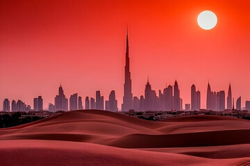 Obraz premium Modern Cityscape Meets Desert Landscape under a Red Sun