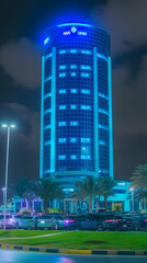 Fototapeta premium Modern Cylindrical Skyscraper Illuminates the Night Sky with Vibrant Blue Lights Majestically