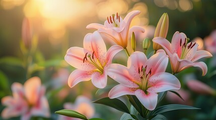 Ethereal Pink Lilies Blooming in Soft Golden Morning Light Romantic Floral Photography Botanical Aesthetic Imagery Macro Nature Photography Ethereal Pink Lilies Blooming