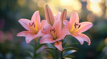 Fototapeta premium Ethereal Pink Lilies Blooming in Soft Golden Morning Light Romantic Floral Photography Botanical Aesthetic Imagery Macro Nature Photography Ethereal Pink Lilies Blooming