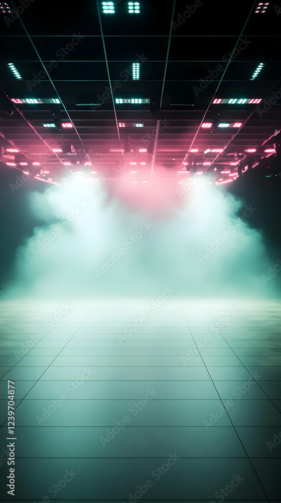 Poster empty room with fog lights and smoke create a futuristic showcase and display atmosphere with tiles