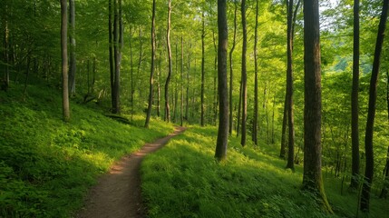 Fototapeta premium Sun Dappled Path Through Lush Green Forest