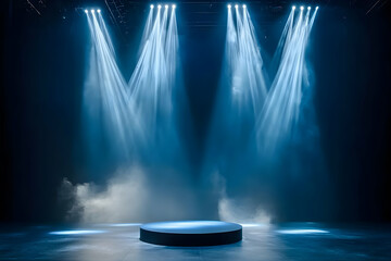 Empty Stage Illuminates with Bright Blue Spotlights and Smoke Effects for Dramatic Scene Setting.