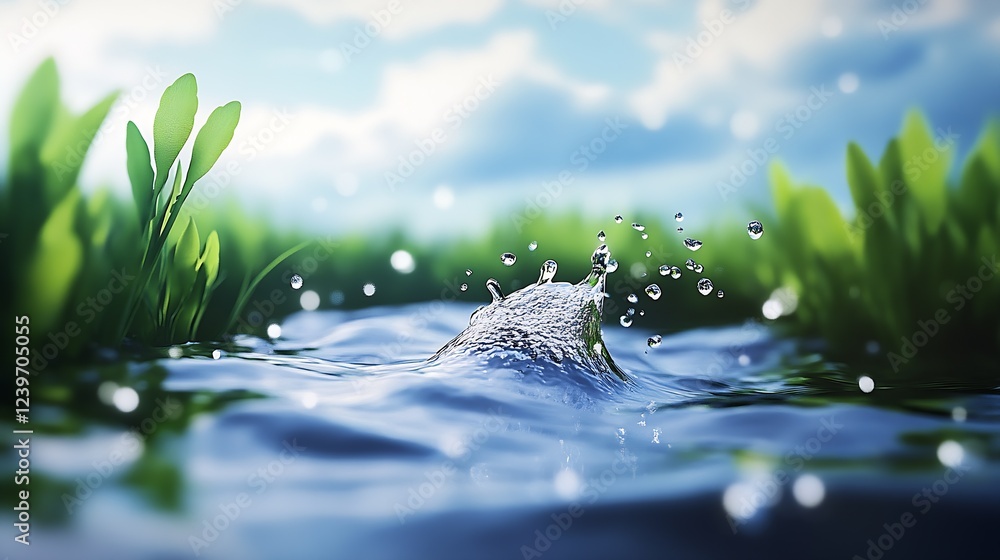 Poster dynamic water splash captured in a vibrant landscape with lush greenery and blue skies : generative 