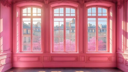 A pink room with three windows and a view of the city