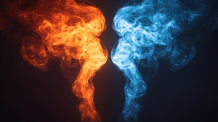 Fototapeta premium Fiery orange and cool blue smoke swirl dramatically against dark background creating intense contrast. AI Generated