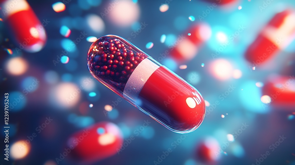 Poster attractive 3d depiction of a red capsule pill with colorful beads illustrating modern healthcare sol