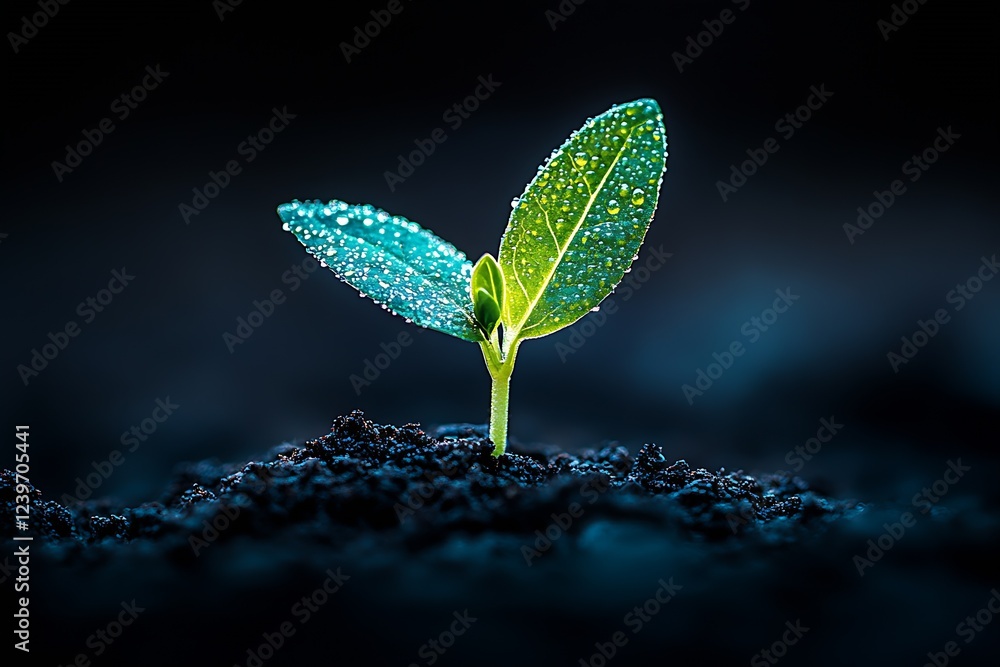 Poster fresh green sprout emerging from soil with dew drops on leaves in dark background : generative ai