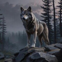 Fototapeta premium Dark forest with a large gray wolf standing on a rocky outcropping at dusk , dark forest, full moon, howling wolf