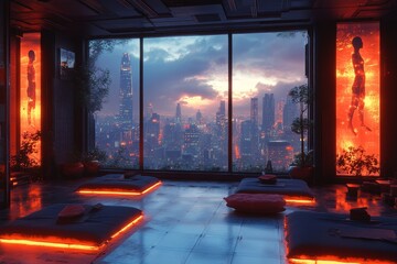 Futuristic city view from meditation room