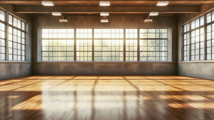 Obraz premium Empty Room with Large Windows and Polished Wood Floor Illuminates by Sunlight