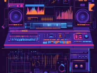 Fototapeta premium Retro Synthwave Music Studio Setup: 80s Inspired Digital Audio Workstation Design.