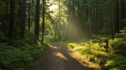 Sunlit Forest Path Golden Light Rays and Lush Greenery