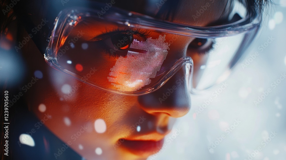 Poster close up of a scientist wearing augmented reality glasses, displaying pixelated data in a futuristic