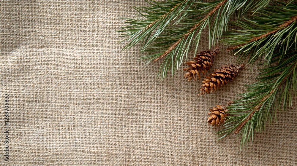 Poster pine branch cones on rustic linen background