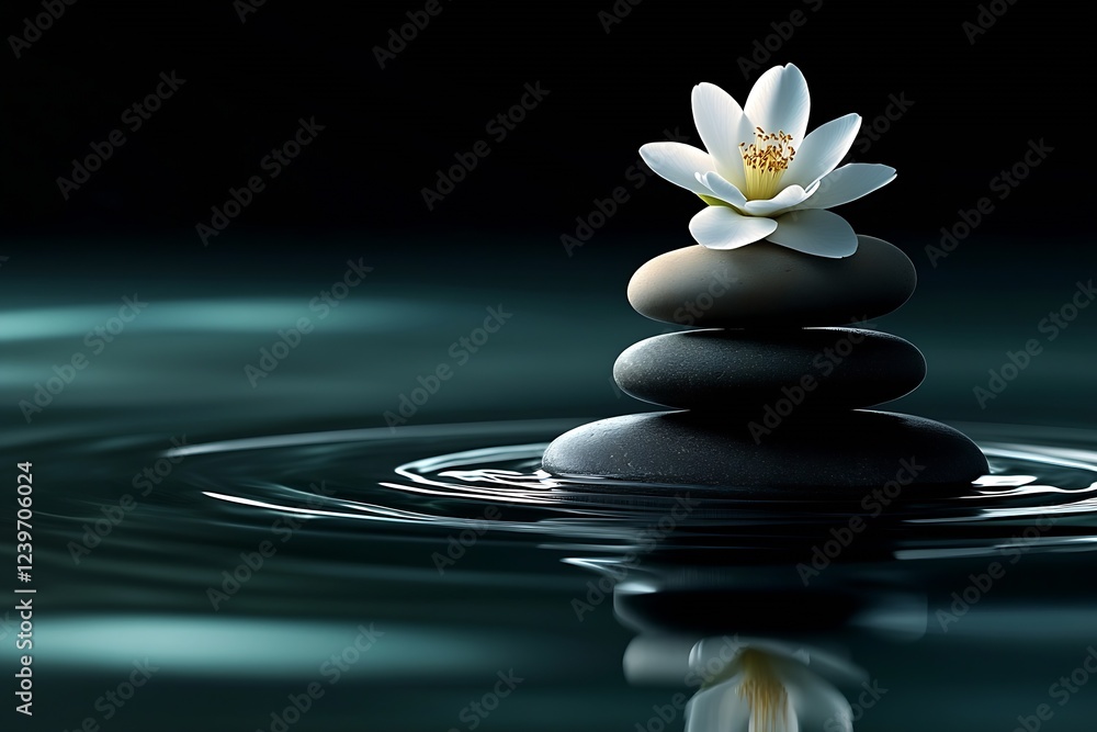 Poster calm water with stacked stones and lotus blossom creating a zen inspired atmosphere : generative ai