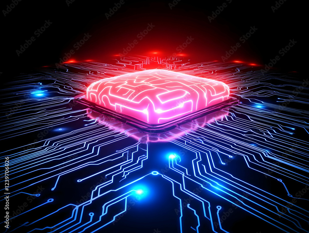 Poster 3d render of cpu chip glowing on circuit board with futuristic technology