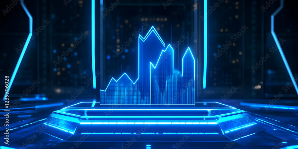 Poster 3d futuristic graph displays on a neon platform with glowing lines in a dark tech environment