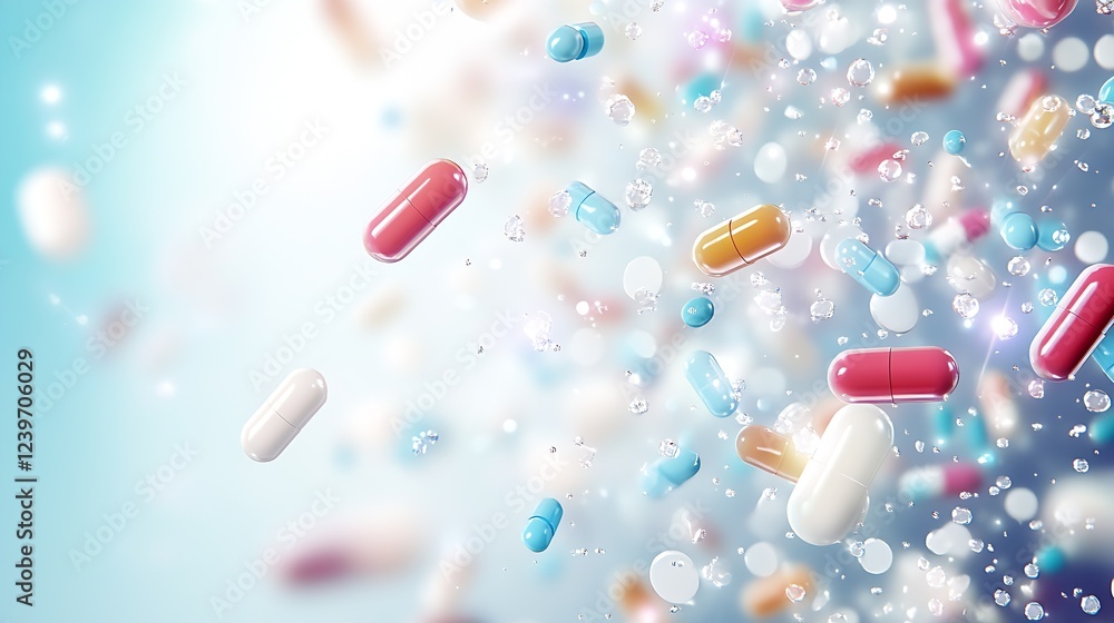 Poster Vibrant Capsules Cascading Down in Sparkling Background for Health and Wellness Visuals : Generative AI