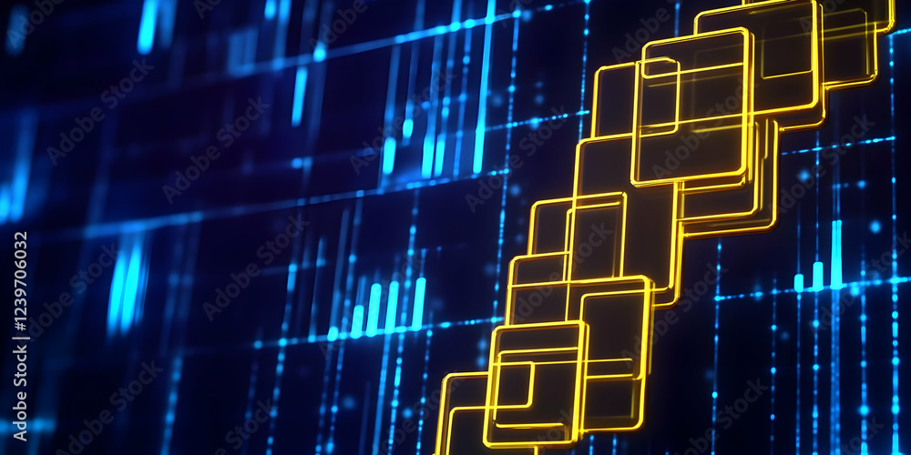 Poster golden linked squares ascending on blue digital grid background