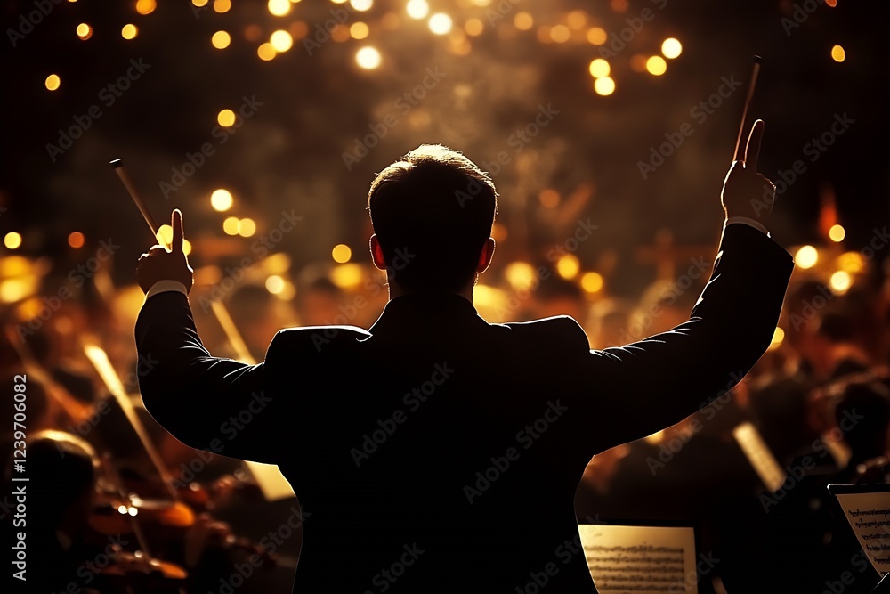 Poster inspiring orchestral conductor directing a vibrant symphony with lights glowing in the background : 