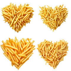 Fototapeta premium Heart-shaped arrangement of crispy french fries on a transparent background for food lovers and culinary art enthusiasts alike