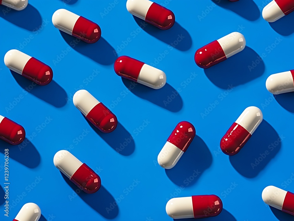 Poster dynamic arrangement of red and white capsules on bright blue background highlighting healthcare prod