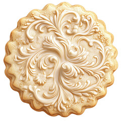 A handcrafted shortbread cookie with intricate decorative details, rendered in a high-quality digital illustration, transparent background, PNG