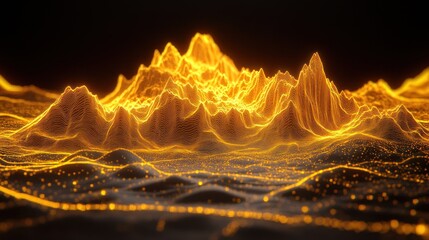 Golden landscape, glowing peaks, dark background, digital art