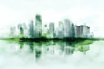 Obraz premium Green Cityscape Reflects in Water: An Abstract Architectural Illustration with Modern Buildings and Eco-Friendly Vibe.