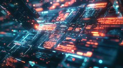 Quantum processor performing complex calculations with glowing lines and data streams, representing innovative manufacturing and technological advancement in computer science