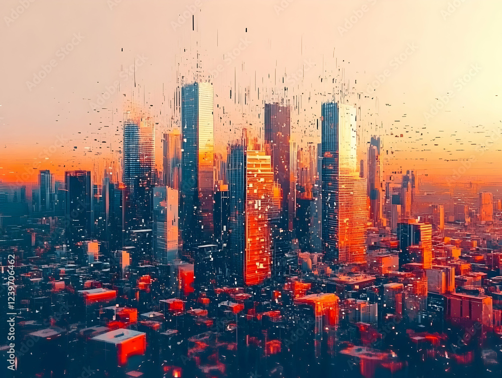 Poster Cityscape with pixel sorting effect shows modern architecture standing tall at sunset.