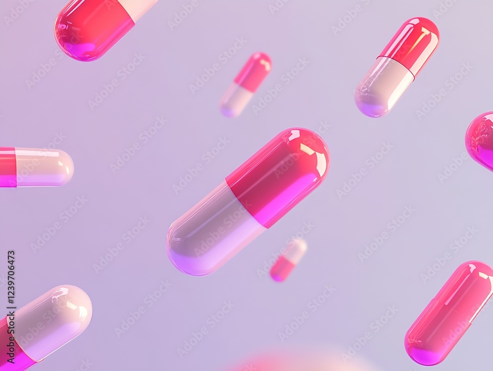 Poster vibrant pink and white capsules stylishly scattered against a soft pastel backdrop : generative ai