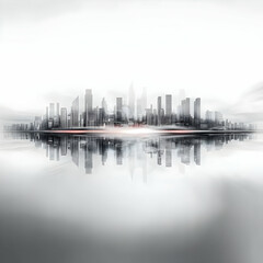 Fototapeta premium Modern Cityscape Reflects in Tranquil Water with a Touch of Red Light Trail at Sunset