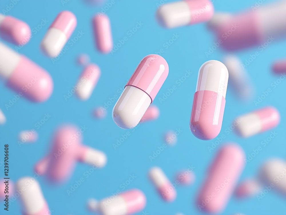 Aufkleber Dynamic Scene of Pink and White Capsules Floating in Air Above a Bright Background : Generative AI