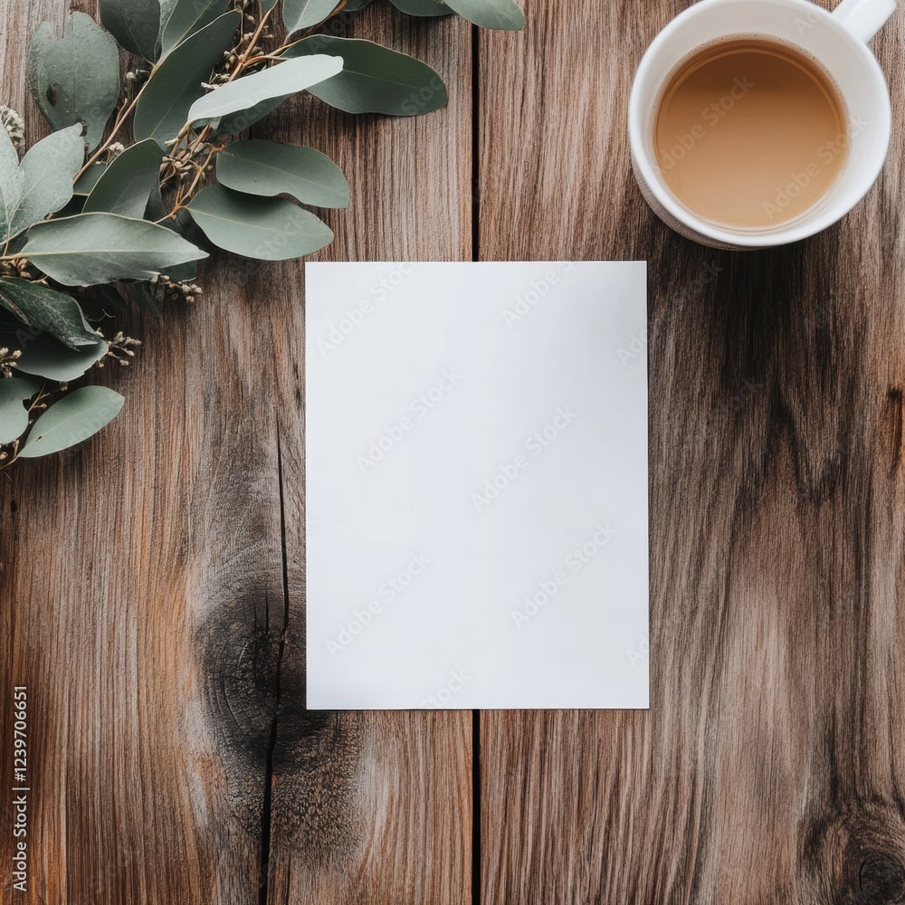 Poster warm cup of coffee beside a blank canvas with greenery on a rustic wooden table during morning hours