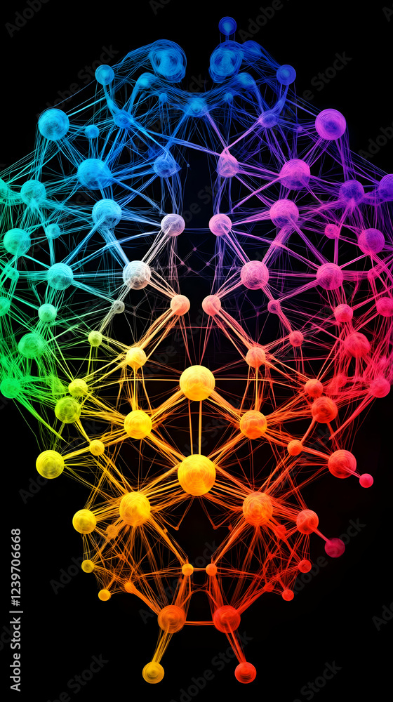 Poster Colorful Abstract Network Structure Connects Nodes with Intricate Lines on a Black Background