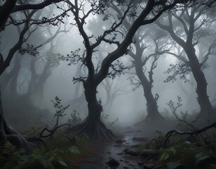 Dark leafy forest with twisted vines and eerie mist,  vines,  eerie ,  exotic leaves