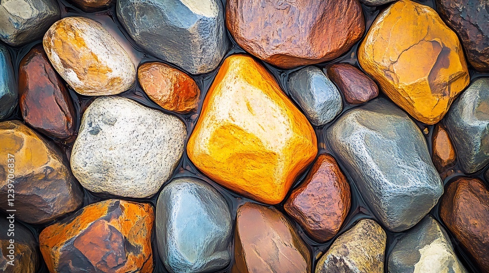 Poster vibrant colorful pebbles in shallow water textured stones for nature background : generative ai