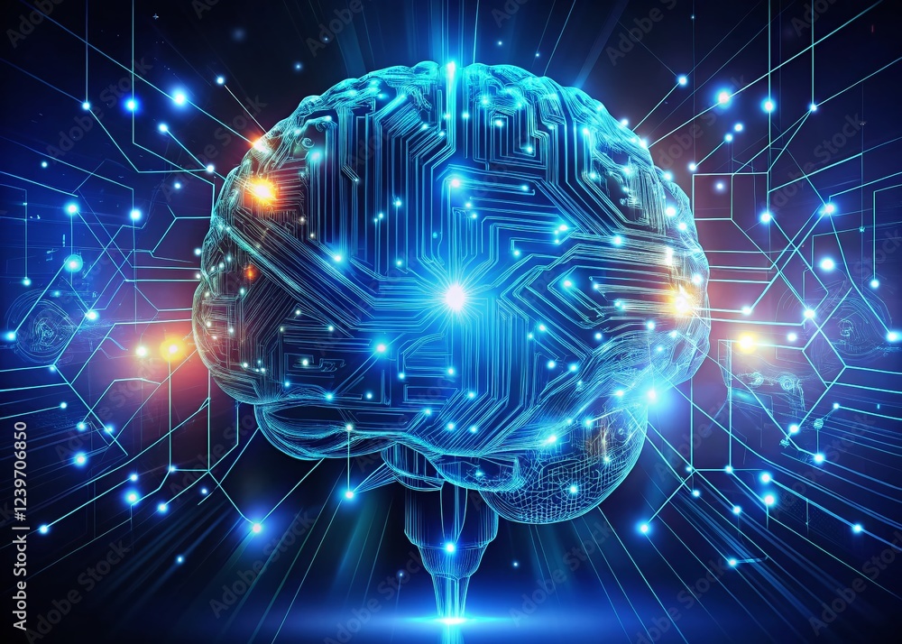 Poster futuristic ai brain: abstract digital technology concept for future computing on dark blue backgroun