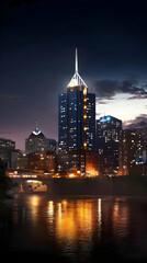 Illuminated Cityscape at Night: Skyscrapers Reflect on Calm River under Dramatic Twilight Sky