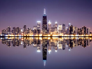 Naklejka premium Illuminated Cityscape Reflects Majestically in Still Water at Night with Twilight Sky