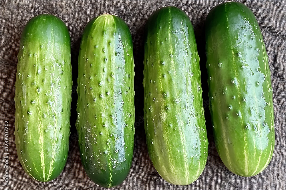 Poster Glossy Fresh Cucumbers Highlighting Natural Texture on Soft Linen Background : Generative AI