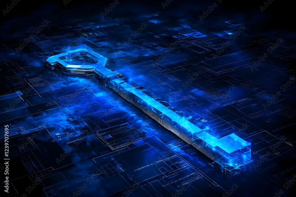 Poster 3d key illuminates futuristic circuitry: a symbol of digital access and security solutions.