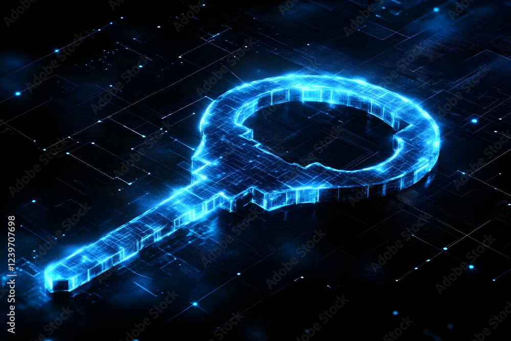 Poster glowing digital key hovers above circuit board background symbolizing access and security.